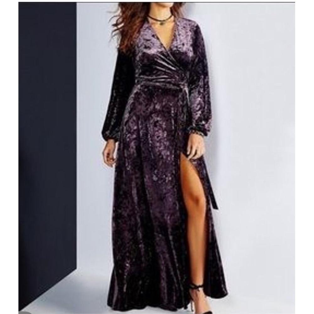 Gianni Bini Purple Velvet Wrap Maxi Dress Large Long Slit Evening Gown Event EUC